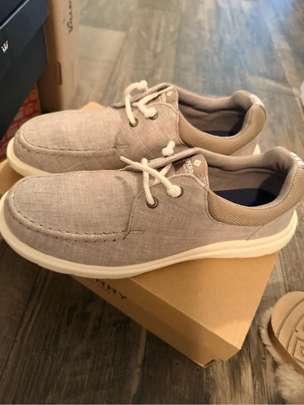 Sperry Light Gray Canvas Boat Shoes with White Laces